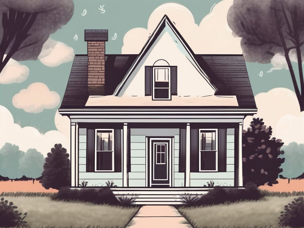 A quaint house with a for-sale sign in the front yard