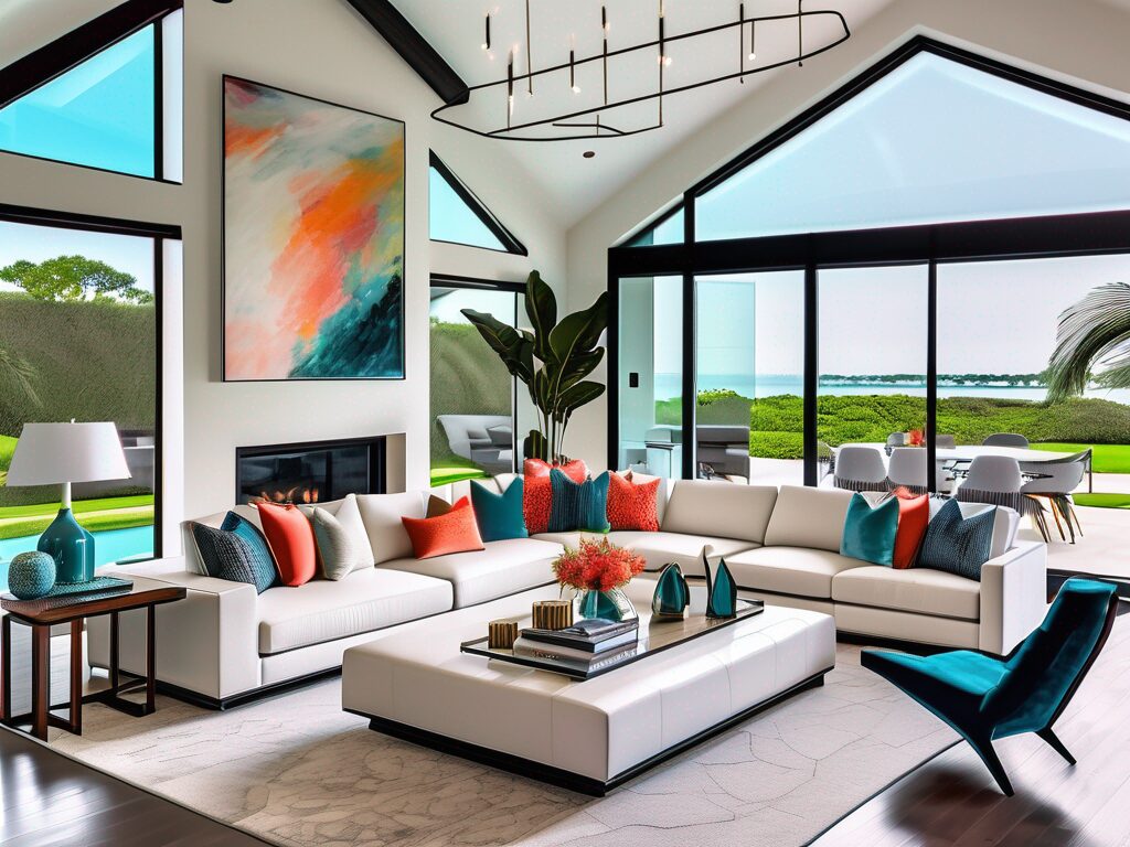 A stylishly staged living room with modern furniture