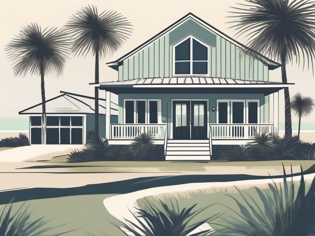 A picturesque st. augustine beach home with a "for sale" sign in the yard