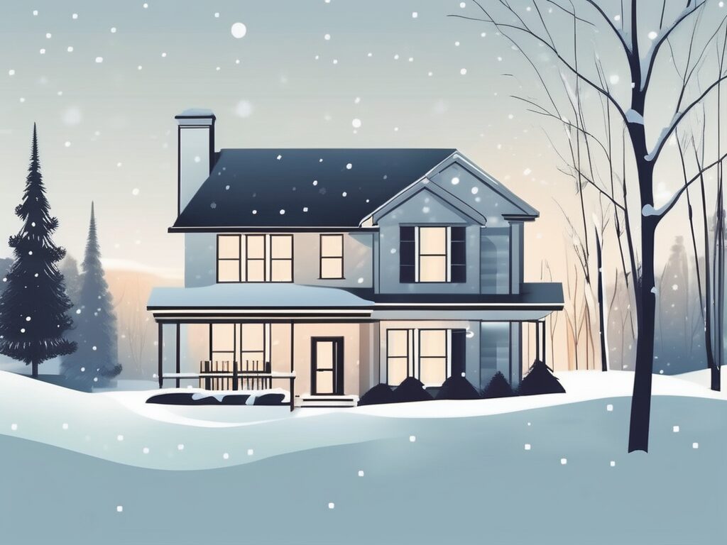 A house in winter haven with a "for sale" sign in a snowy landscape