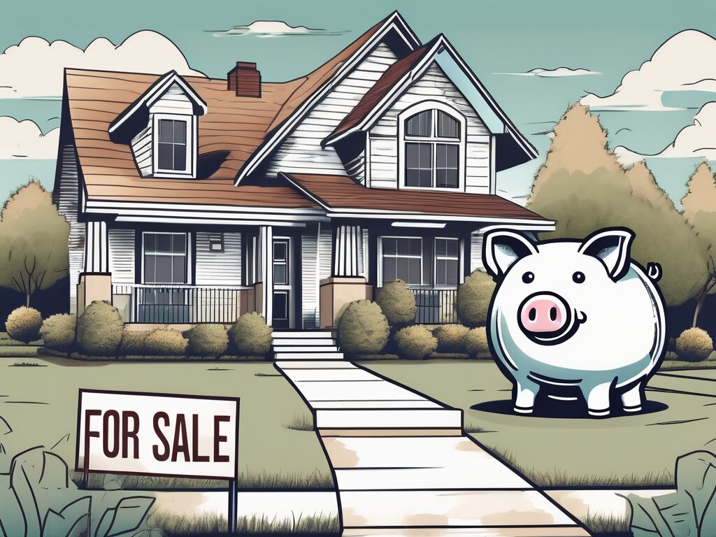 A traditional home with a "for sale" sign in the front yard