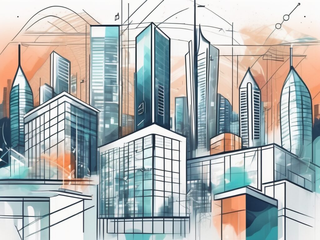 A modern cityscape with digital symbols and real estate icons integrated into the buildings