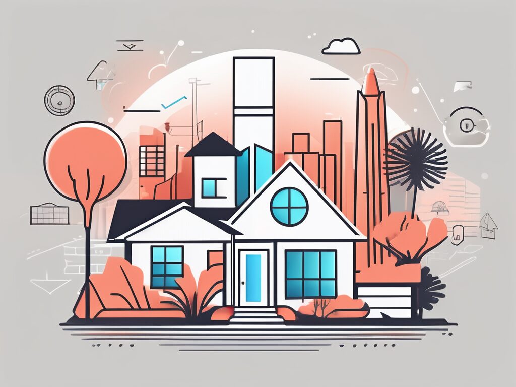 A modern home with digital marketing icons (like a mouse cursor