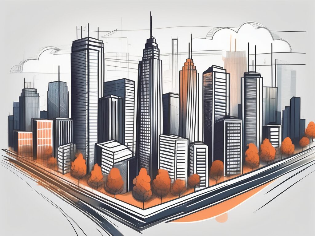 A cityscape with prominent real estate properties and digital elements like smartphones