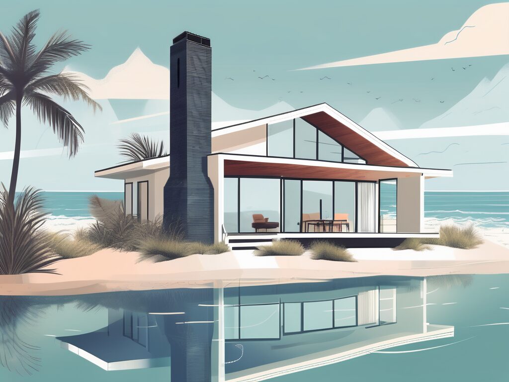 A modern house with a digital marketing tag cloud emerging from its chimney