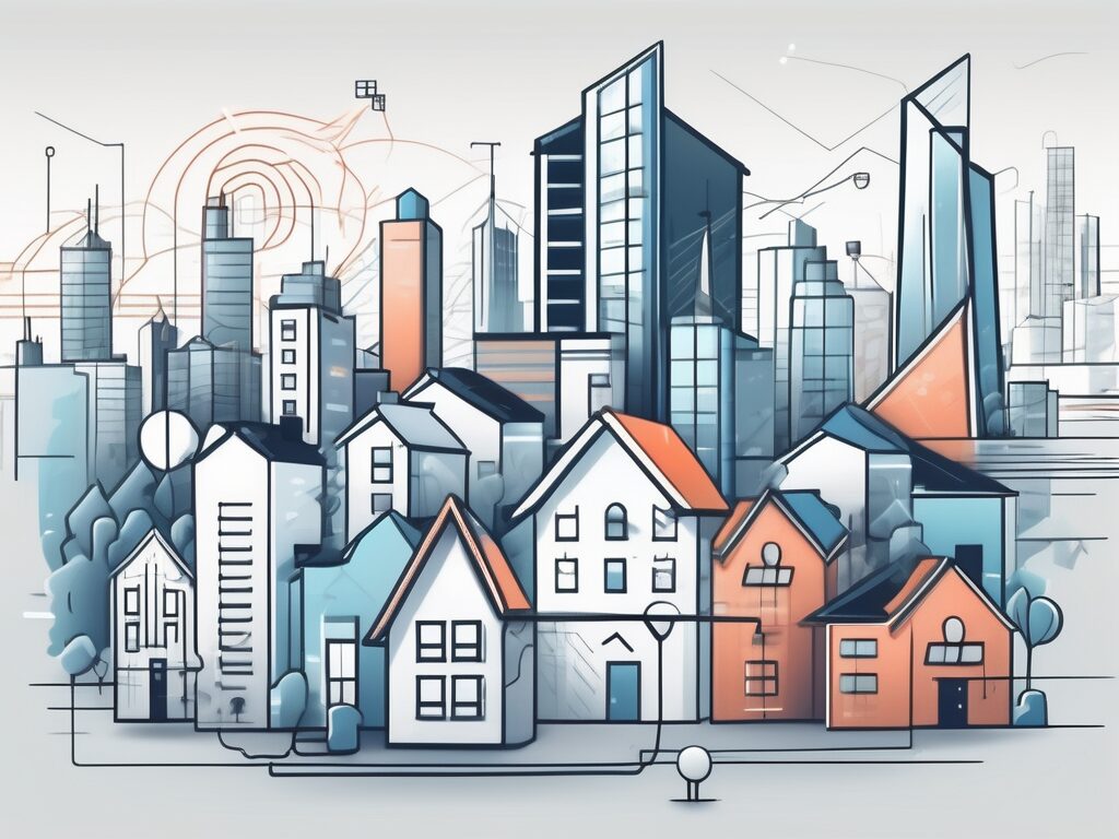 A modern cityscape with real estate properties highlighted