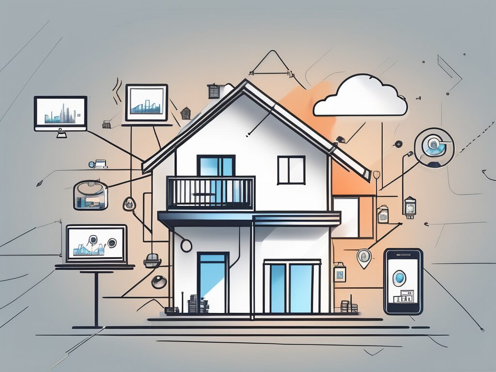 A modern house with digital icons (like a shopping cart