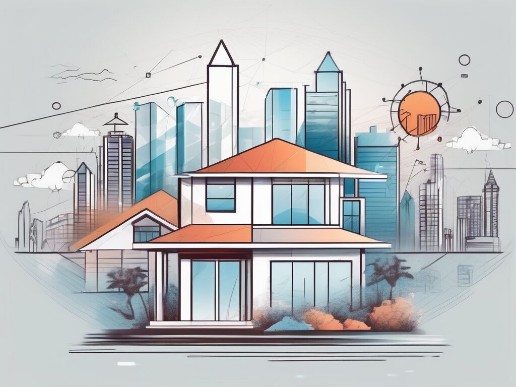 A modern house surrounded by digital icons (like email
