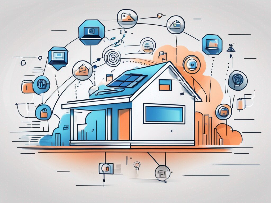 A modern house with digital marketing icons (like a computer