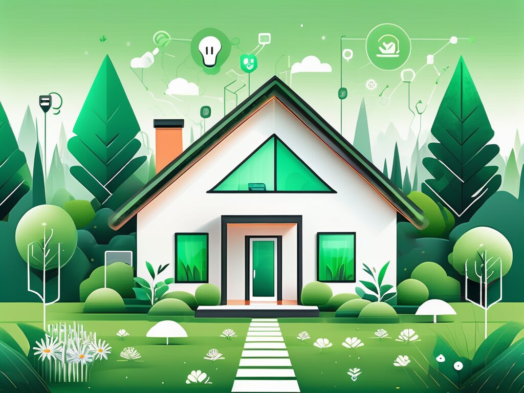 A modern house with digital marketing elements like social media icons and seo symbols seamlessly integrated into its structure