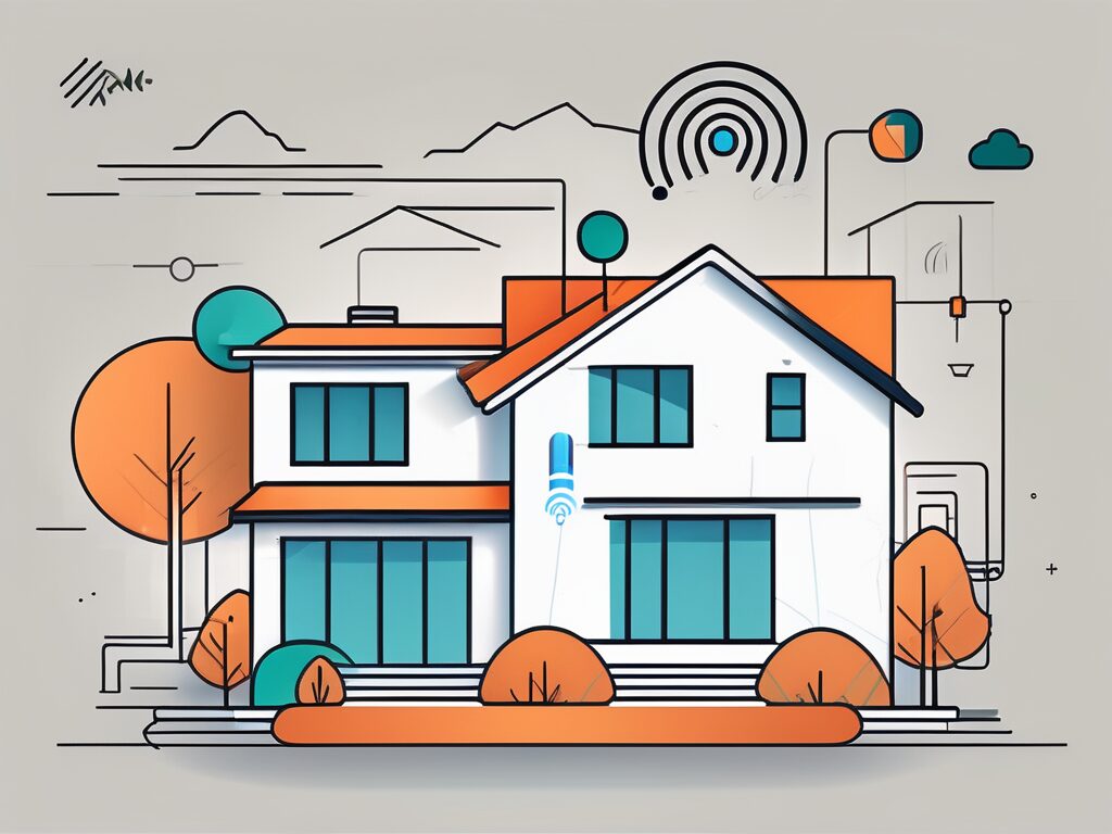 A modern house with digital marketing symbols like a click cursor