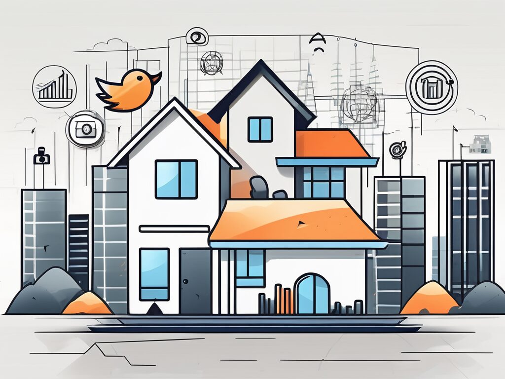 A modern house with digital marketing icons like a click cursor