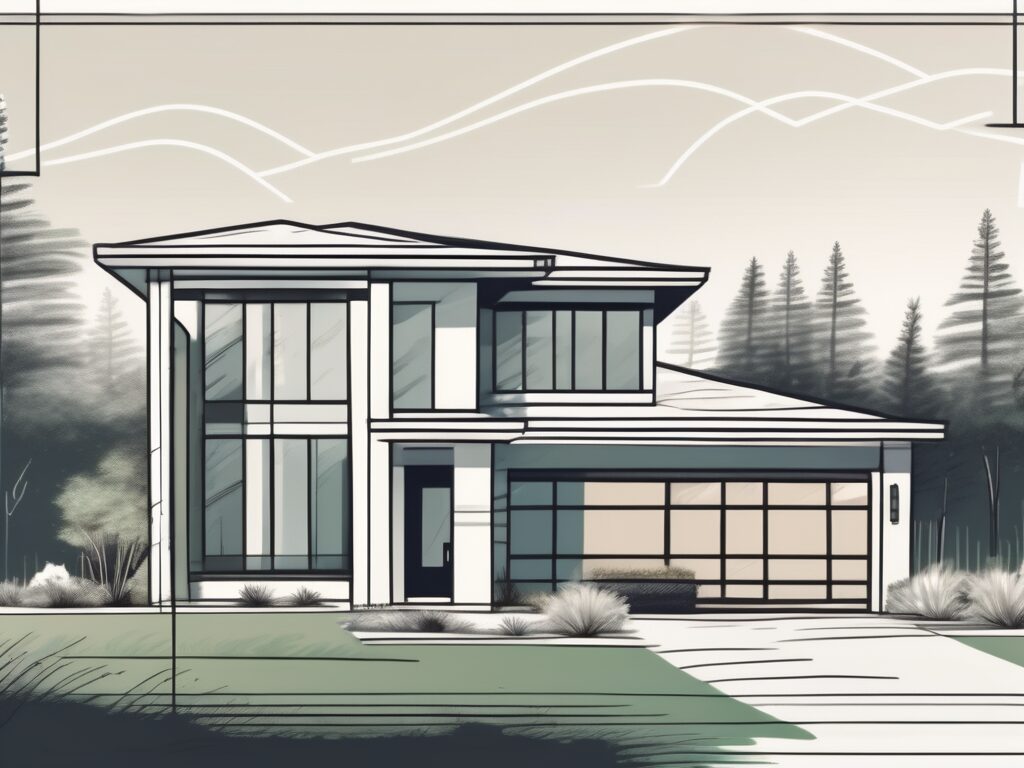 A modern indian creek landscape with symbolic elements like a digital tablet displaying a property listing and a sold sign