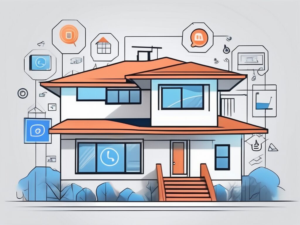 A modern house surrounded by digital icons such as a search bar