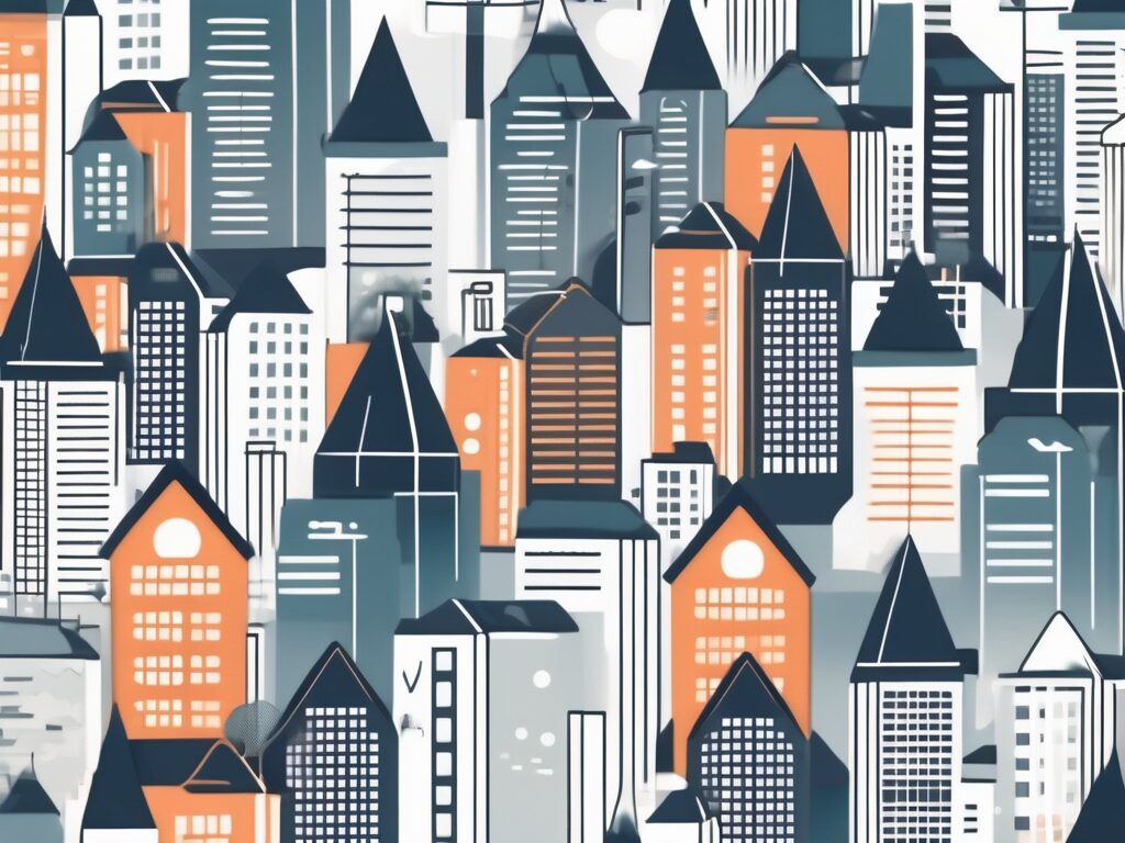 A modern cityscape with different types of real estate properties