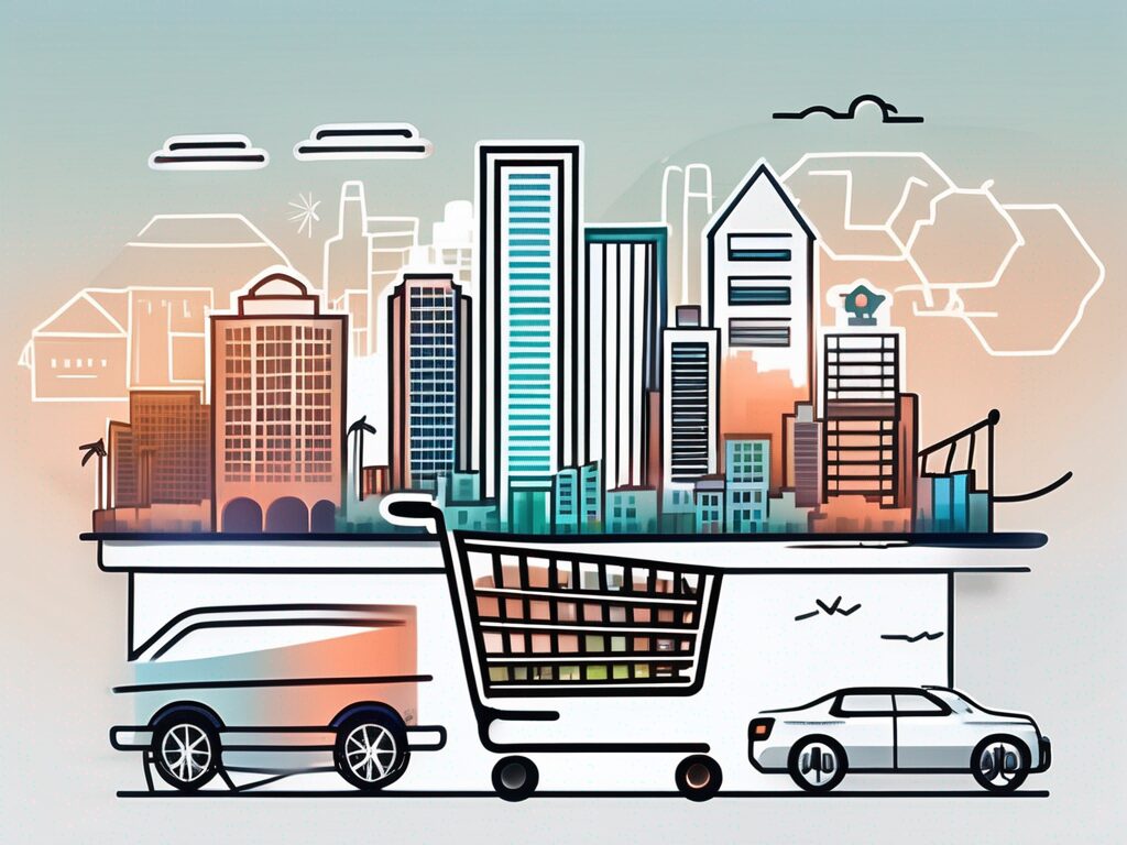 A modern miami skyline with various digital marketing icons like a search engine