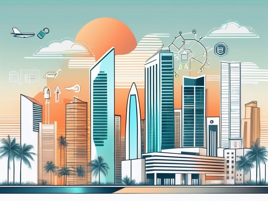 A modern miami beach cityscape with digital marketing icons like a click