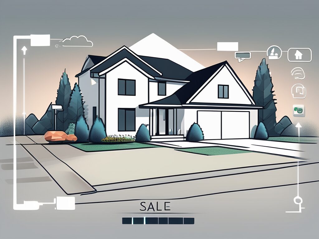 A modern house with a "for sale" sign in the front yard