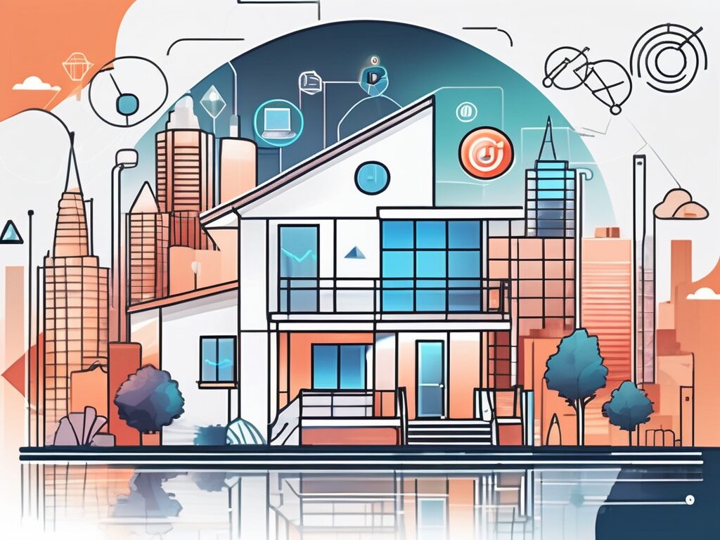 A modern house surrounded by digital icons representing various aspects of digital marketing such as social media