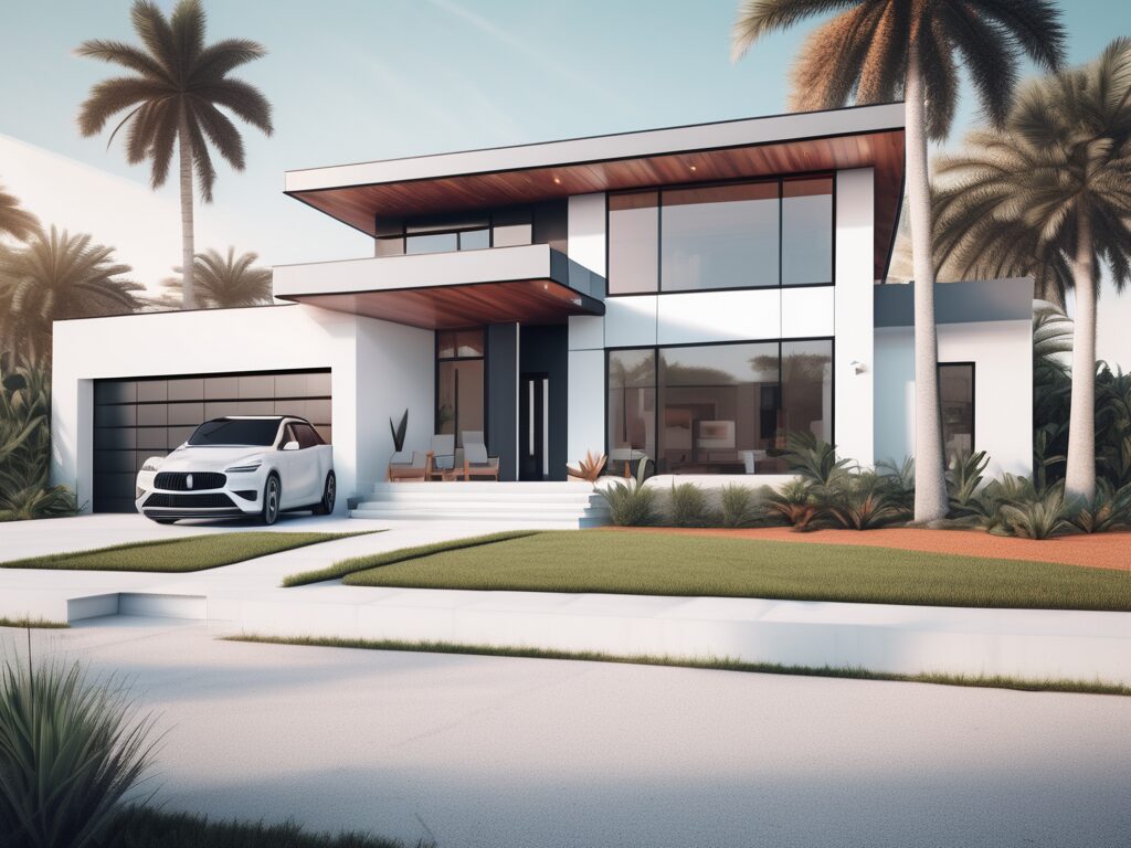 A modern home with a 'for sale' sign in the front yard