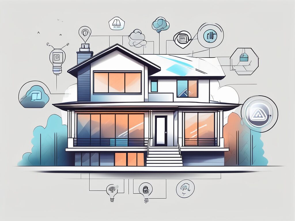 A modern house with digital marketing symbols like seo