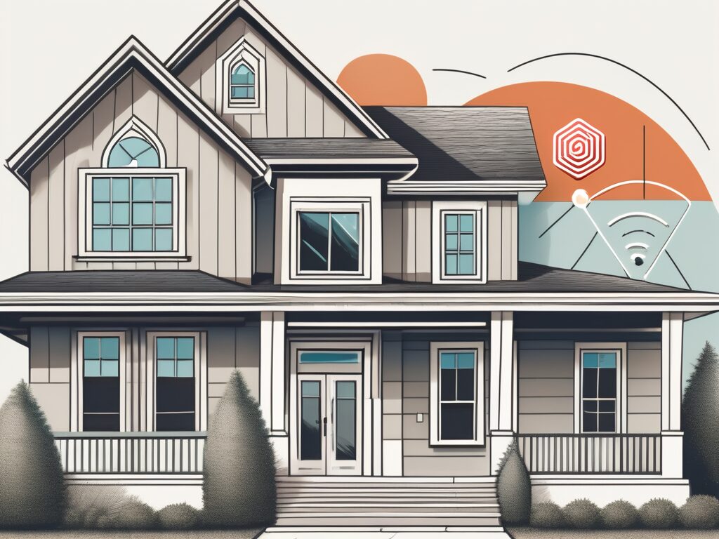 A traditional virginia-style house with digital marketing symbols like a click icon