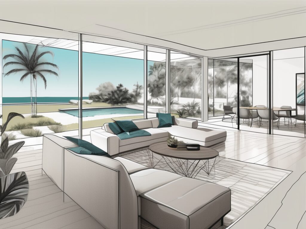 A modern home in belleair bluffs with a digital interface overlay showing a virtual tour in progress
