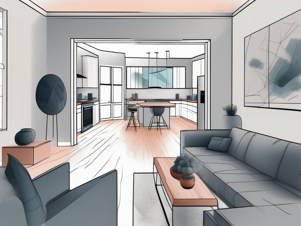 A modern home in center hill with a virtual reality headset and a screen displaying a 3d tour of the interior of the house