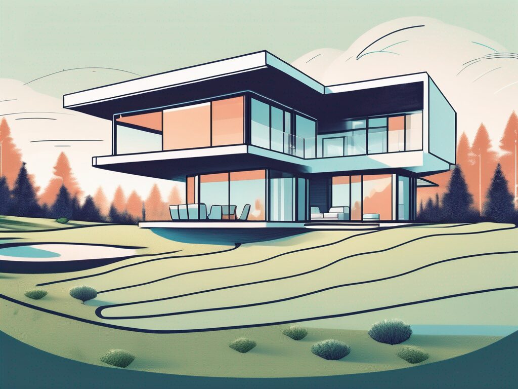 A golf course home with a virtual reality headset floating above it