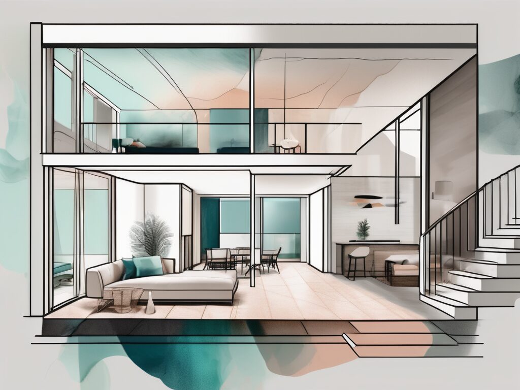 A modern home in gulf stream with a digital interface overlay showcasing different rooms