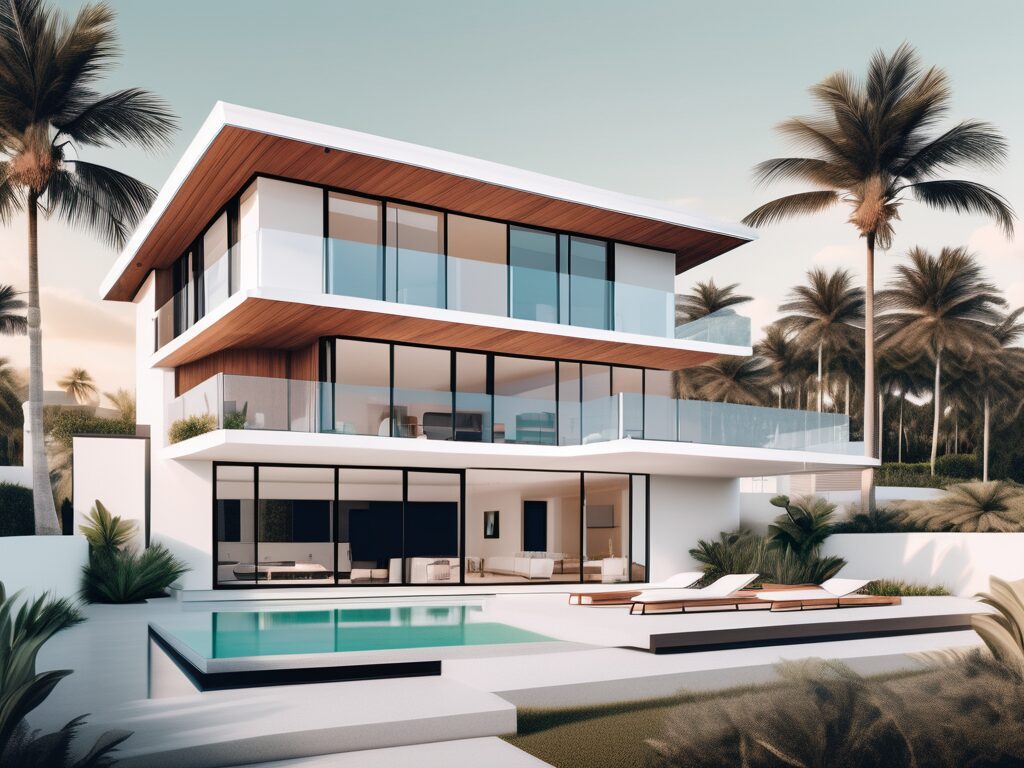 A modern home in hillsboro beach with a virtual tour interface overlay