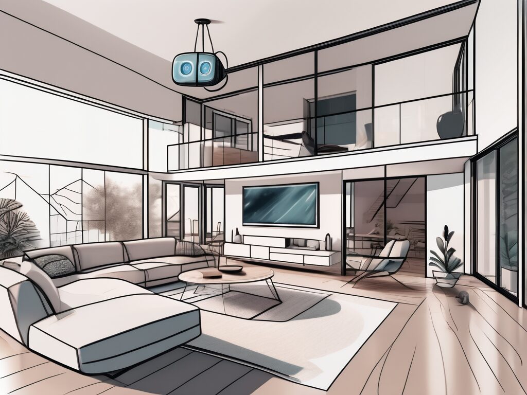 A modern home in marathon with virtual reality goggles and a computer screen displaying a 3d house tour