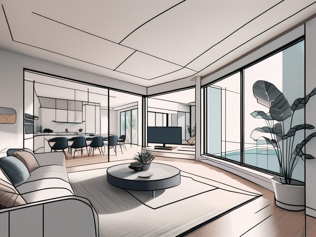 A modern home in marineland with a computer screen showcasing a 3d virtual tour of the house's interior