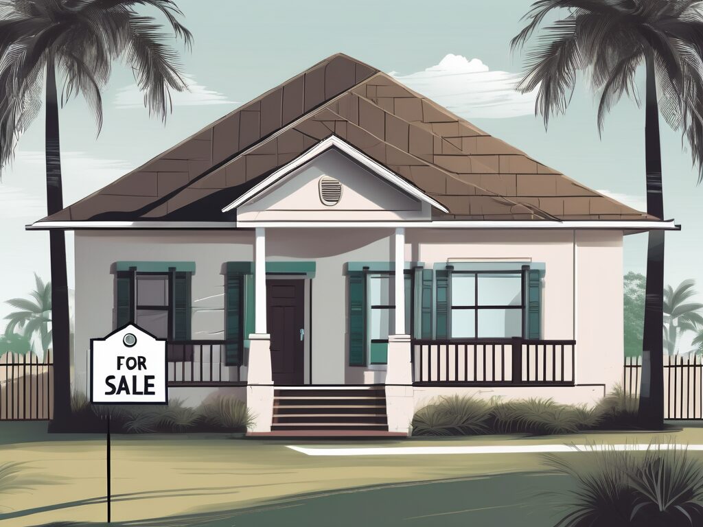 A traditional home with a 'for sale' sign in the front yard