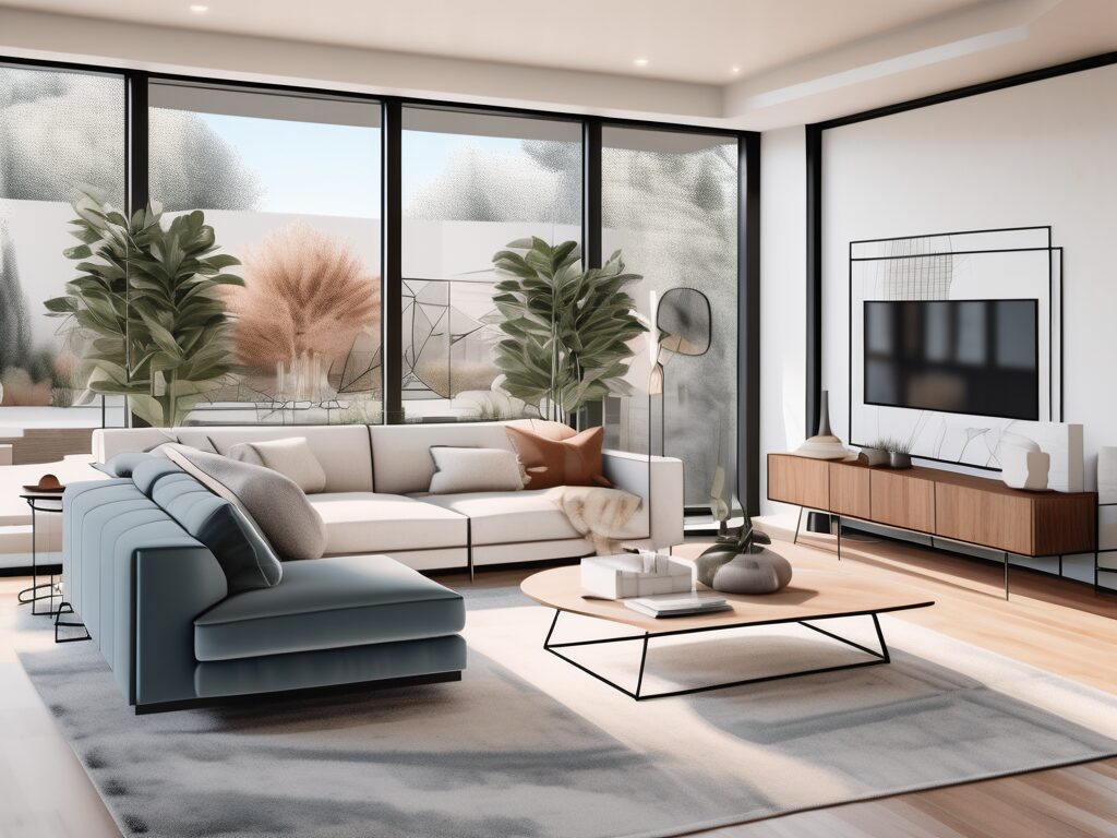 A modern home in oakland with a digital screen showcasing a 3d virtual tour of its interior