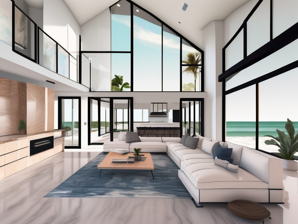 A modern home in redington beach with a virtual tour interface overlay