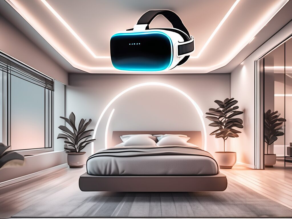 A modern home in springfield with a glowing 3d virtual reality headset floating above it