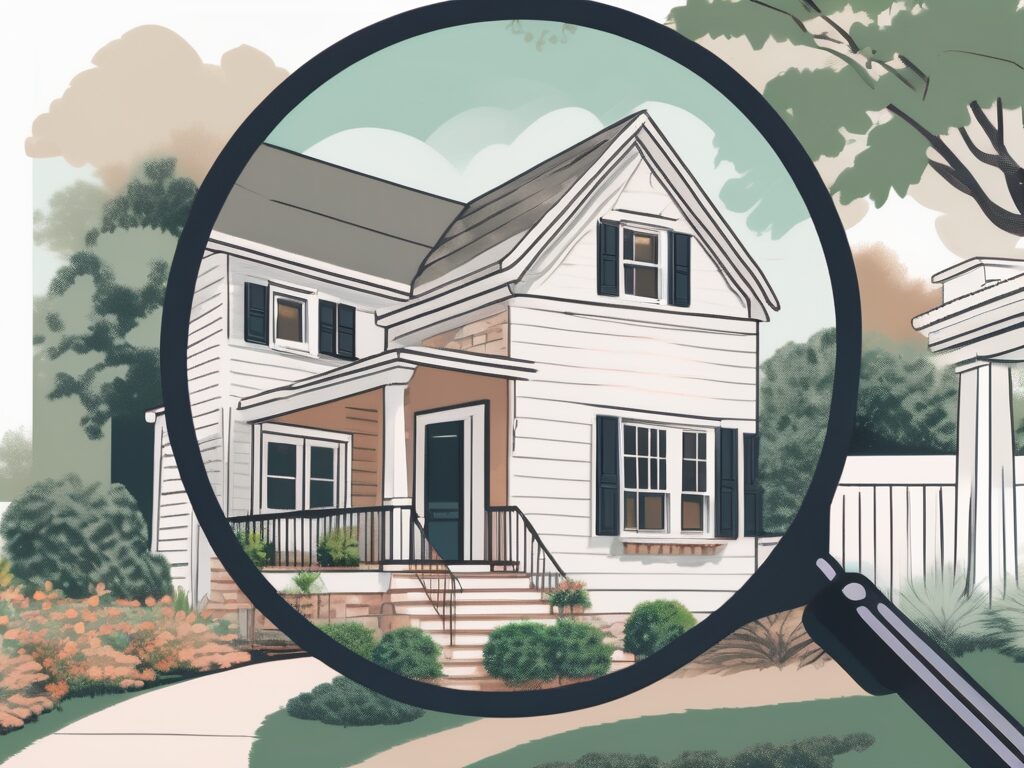 A magnifying glass hovering over a charming leesburg house surrounded by attractive features like a lush garden