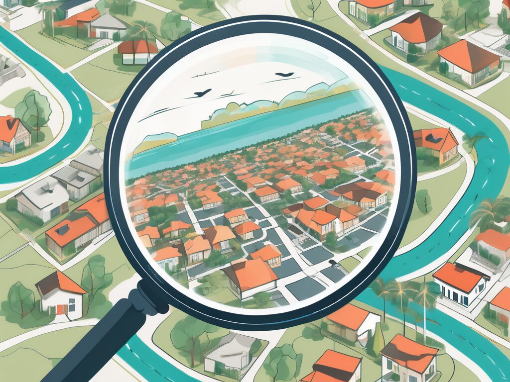 A magnifying glass hovering over a stylized map of north port
