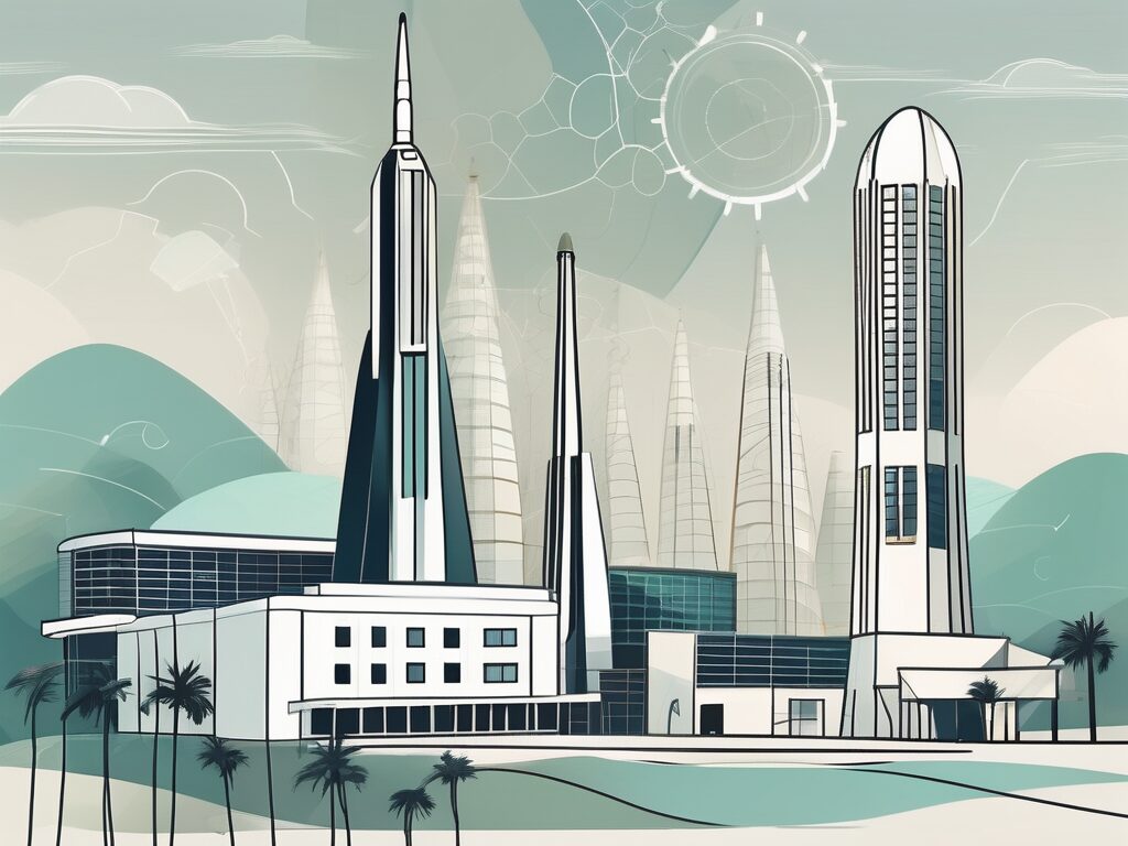 A picturesque cape canaveral landscape with various stylized buildings symbolizing title companies