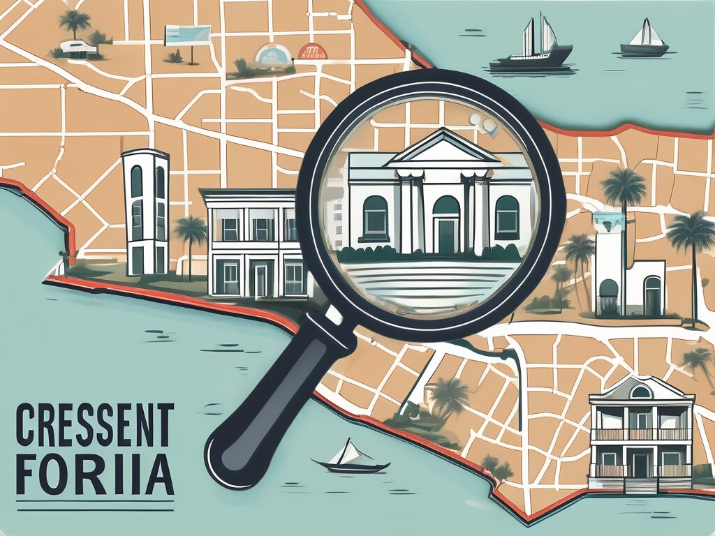 A magnifying glass hovering over a stylized map of crescent city