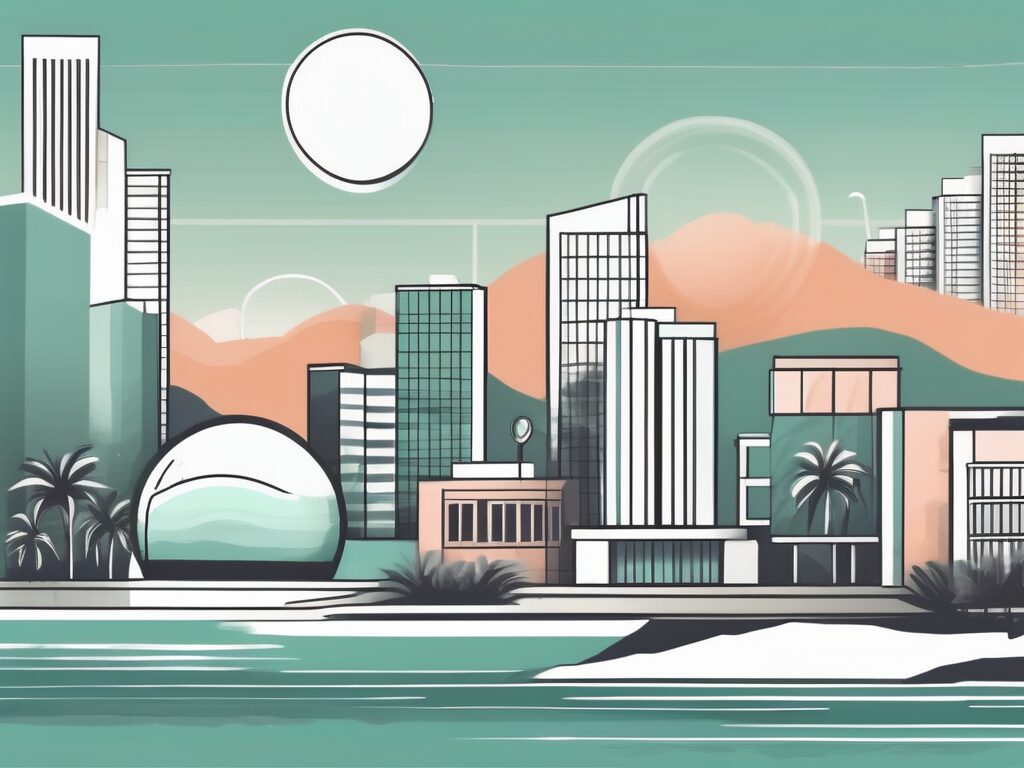 A scenic dania beach landscape with a few prominent buildings and a symbol of a magnifying glass hovering over them
