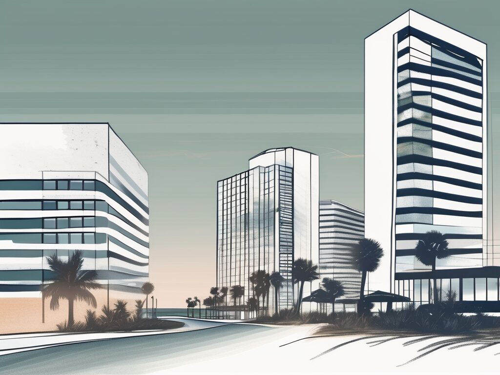 A scenic daytona beach landscape with a few symbolic title company buildings in the background