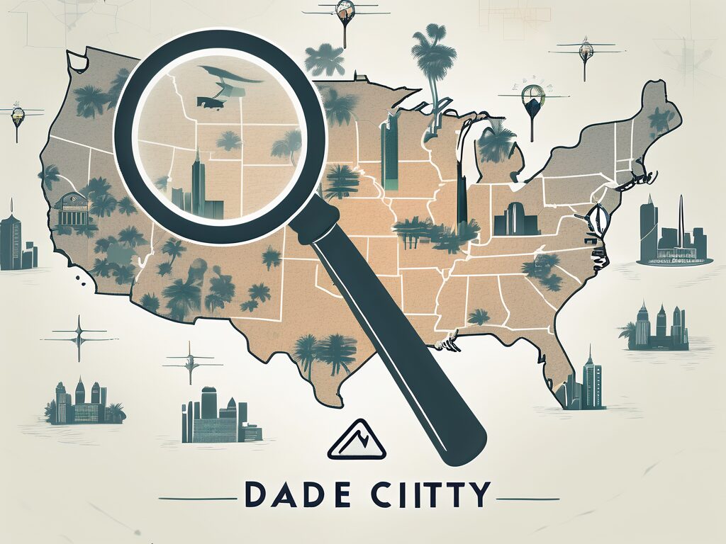 A magnifying glass over a map of dade city