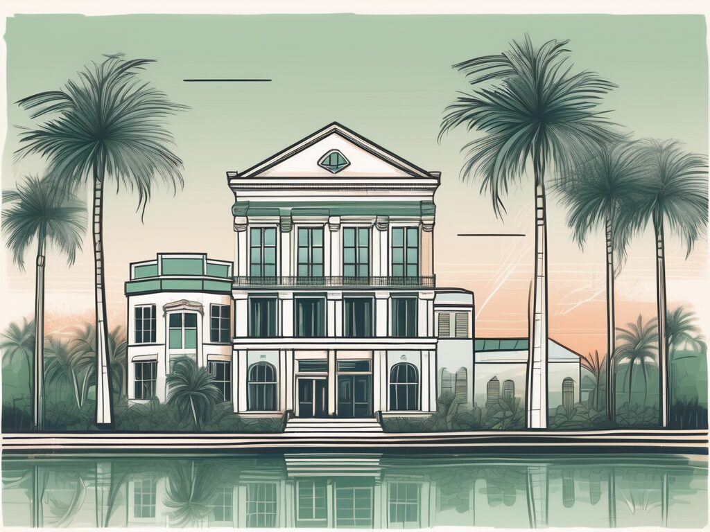 A serene everglades city landscape with a prominent building symbolizing a title company