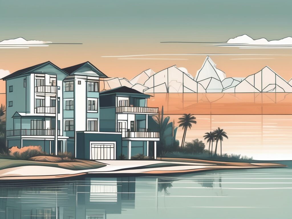 A scenic indian river shores landscape with a few iconic buildings and a symbolic representation of a title company