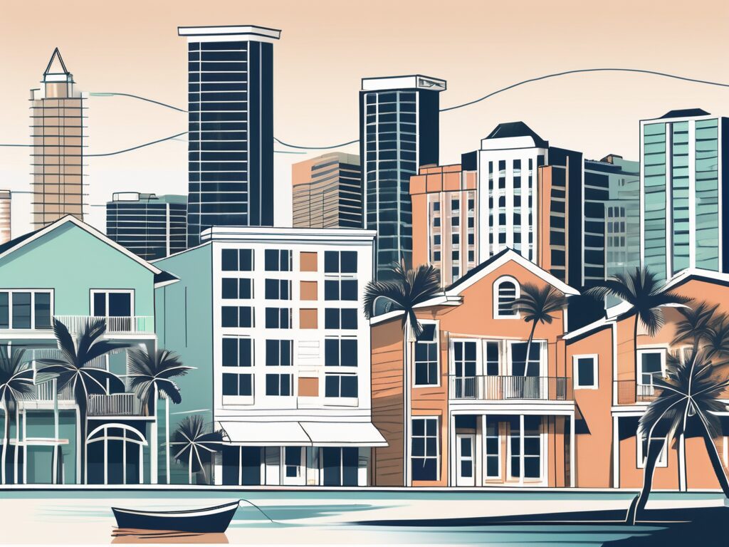 A classic florida beach town scene with a few prominent buildings representing title companies