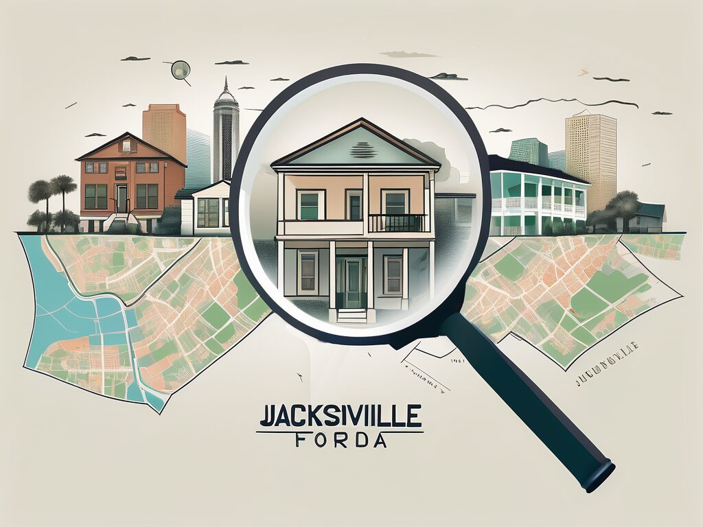 A magnifying glass hovering over a stylized map of jacksonville