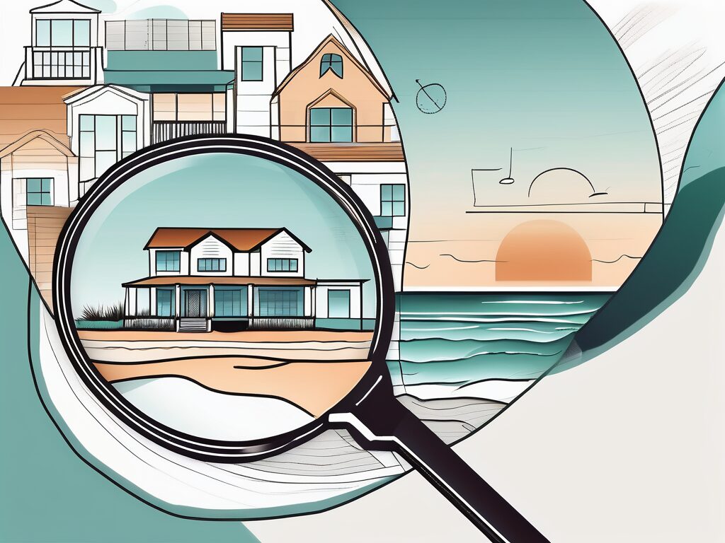 A beautiful jacksonville beach landscape with various symbolic elements like a magnifying glass