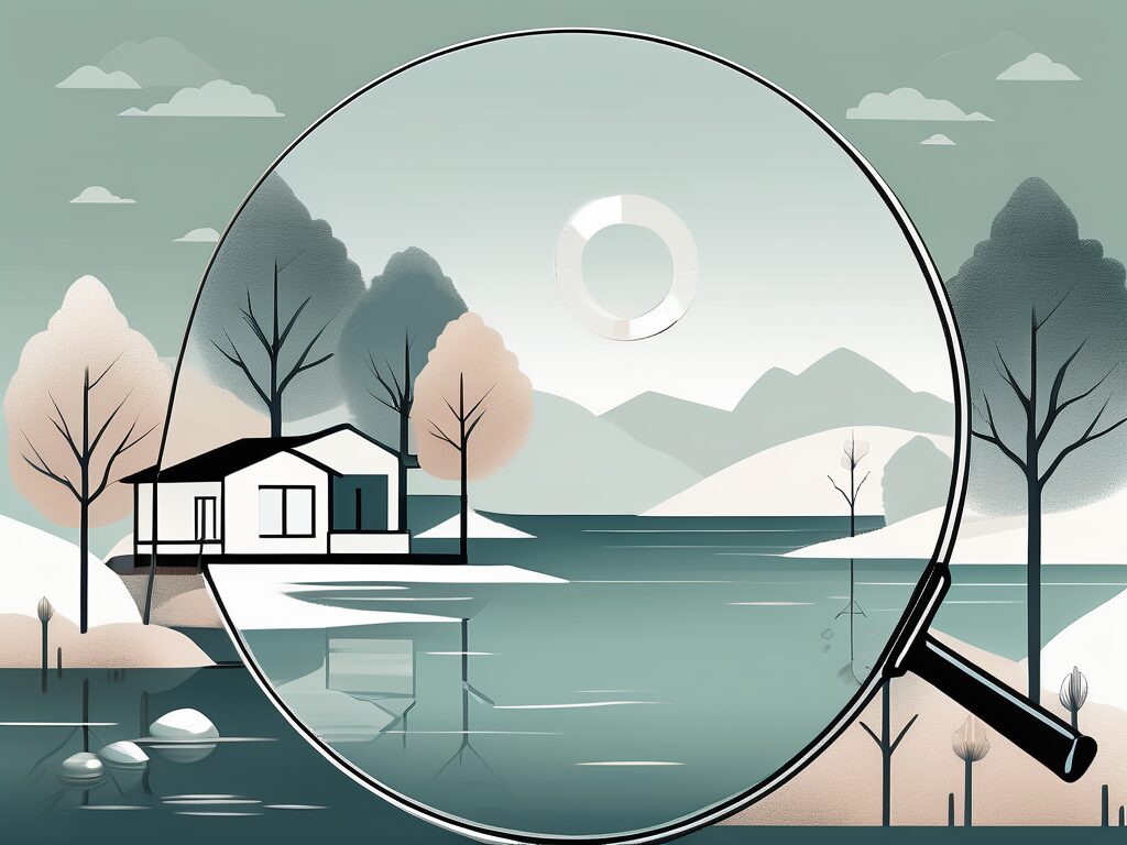 A serene lake helen landscape with various symbolic elements like a magnifying glass